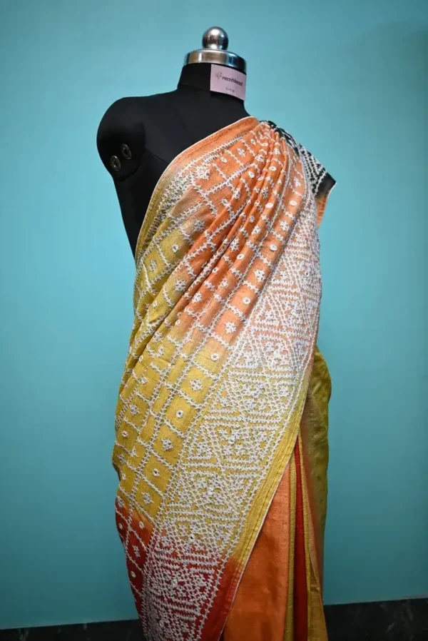 Light Orange on White Gujrati mirror stitch work on Gachhi Tusser Silk saree