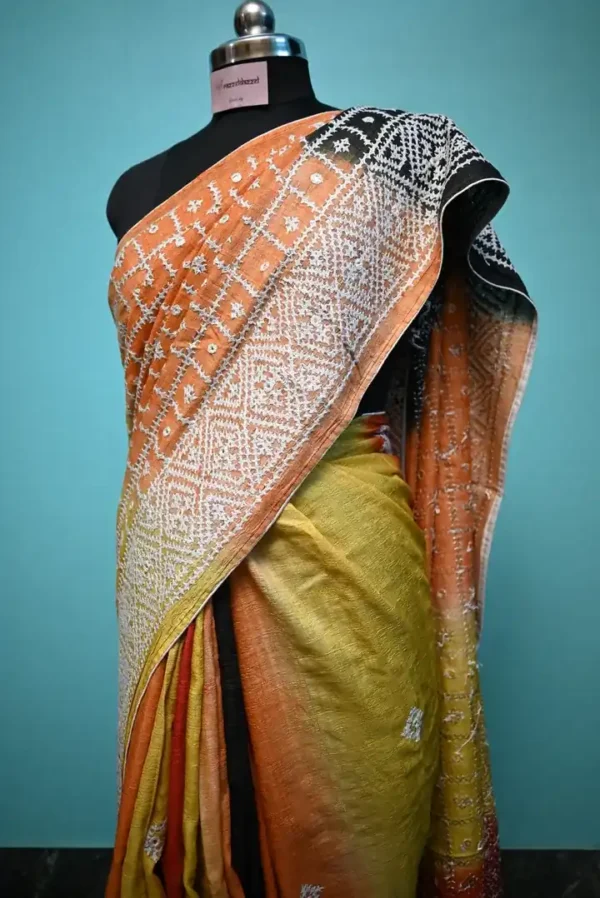 Light Orange on White Gujrati mirror stitch work on Gachhi Tusser Silk saree