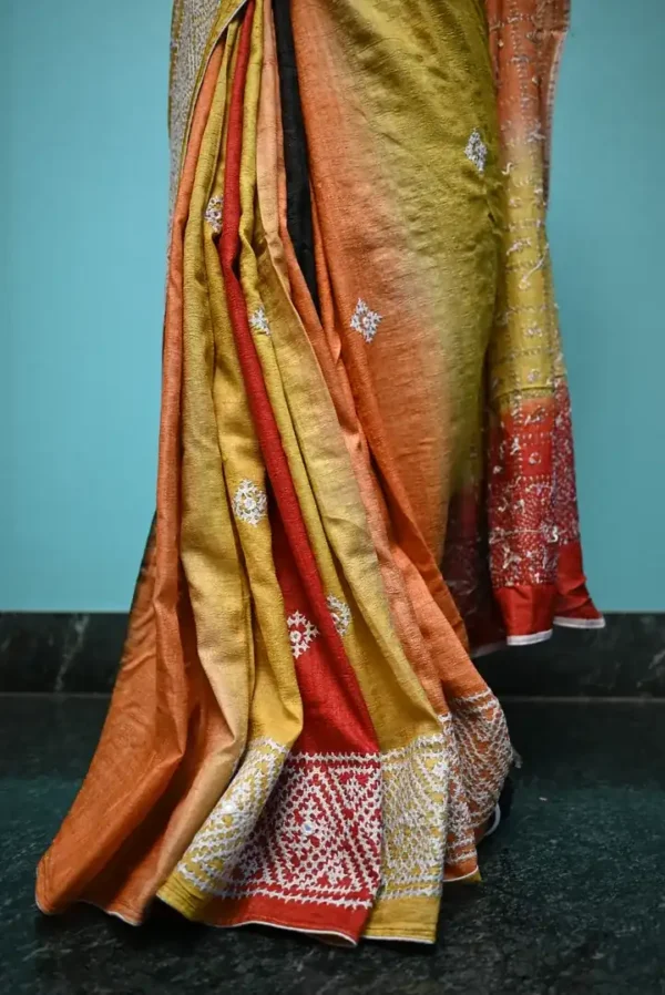 Light Orange on White Gujrati mirror stitch work on Gachhi Tusser Silk saree