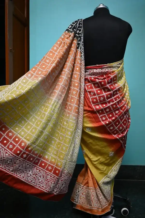 Light Orange on White Gujrati mirror stitch work on Gachhi Tusser Silk saree