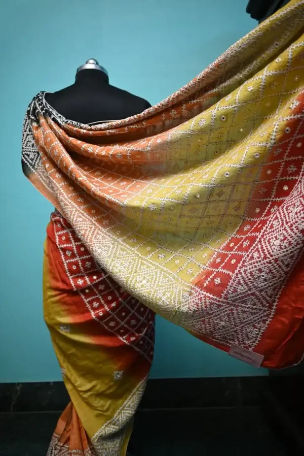 Light Orange on White Gujrati mirror stitch work on Gachhi Tusser Silk saree