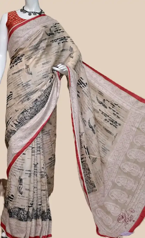 Rabindranath write up embroidery Border Biscuit Tussar Silk Saree