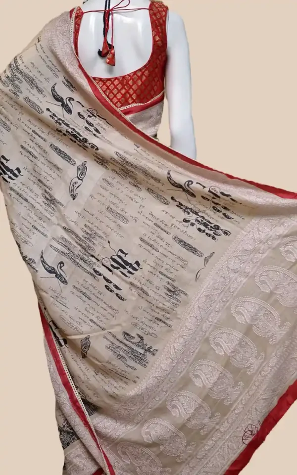 Rabindranath write up embroidery Border Biscuit Tussar Silk Saree