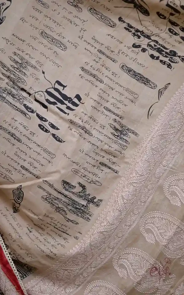 Rabindranath write up embroidery Border Biscuit Tussar Silk Saree