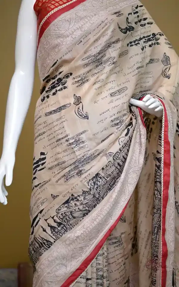 Rabindranath write up embroidery Border Biscuit Tussar Silk Saree