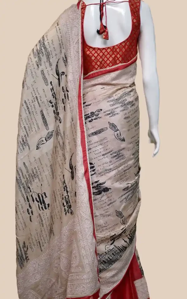 Rabindranath write up embroidery Border Biscuit Tussar Silk Saree