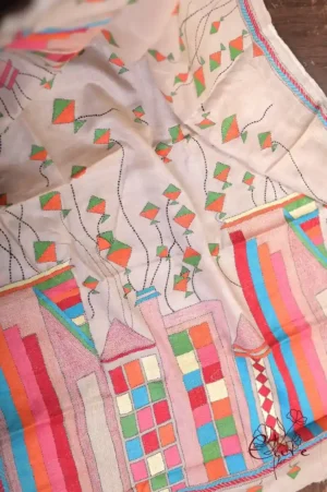 Cream with Kite Nakshi Kantha stitch work on Tussar saree