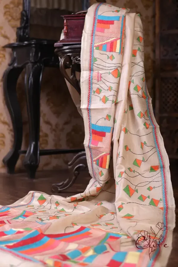 Cream with Kite Nakshi Kantha stitch work on Tussar saree