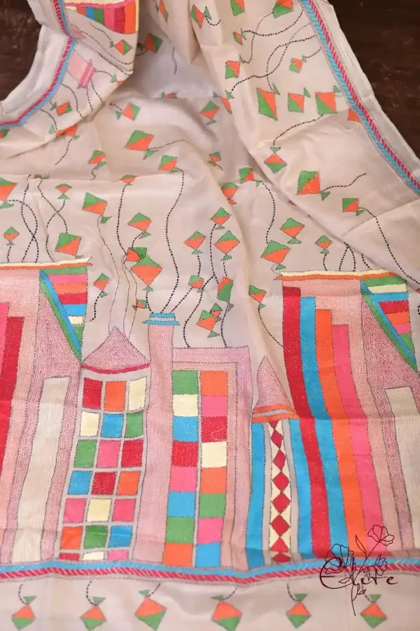 Cream with Kite Nakshi Kantha stitch work on Tussar saree