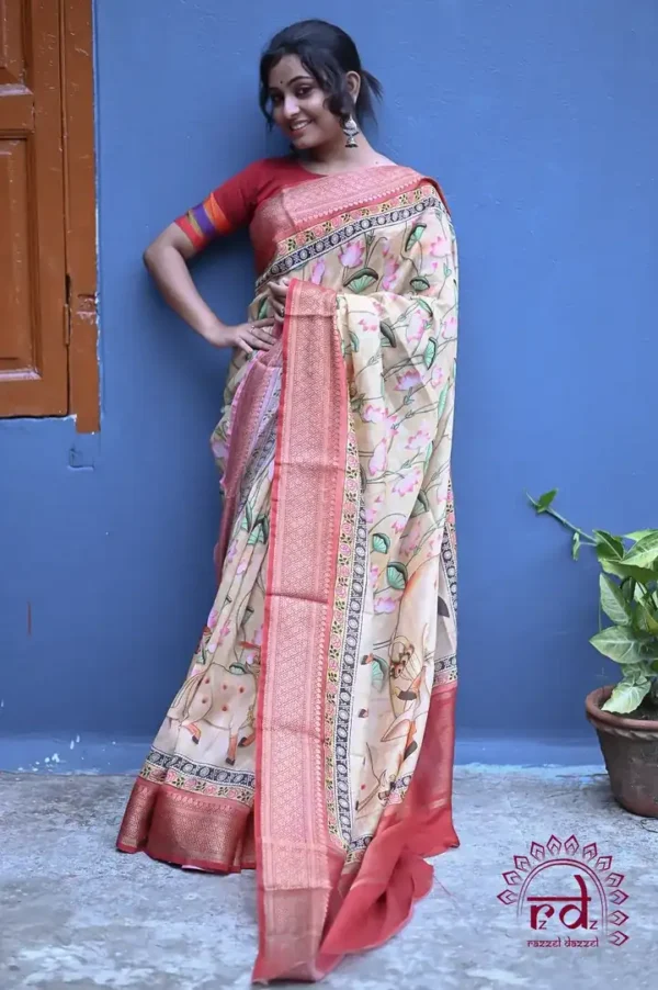 Off white body Digital Print Zari Border on Chanderi Silk Saree