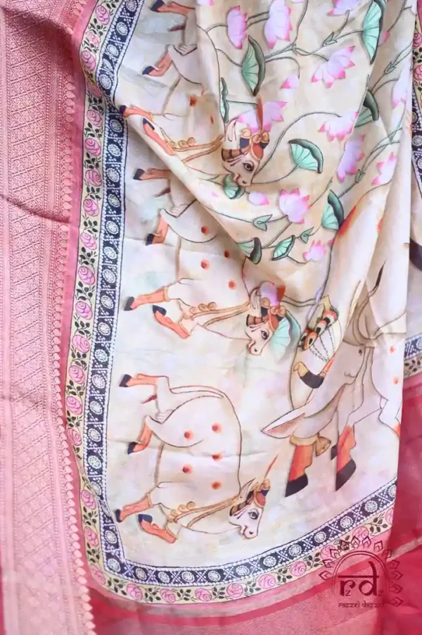 Off white body Digital Print Zari Border on Chanderi Silk Saree