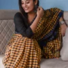 Yellow and Navy Blue checks on Tant Handloom Pure Cotton Gamcha saree