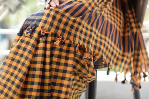 Yellow and Navy Blue checks on Tant Handloom Pure Cotton Gamcha saree
