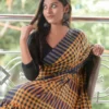 Yellow and Navy Blue checks on Tant Handloom Pure Cotton Gamcha saree