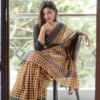 Yellow and Navy Blue checks on Tant Handloom Pure Cotton Gamcha saree