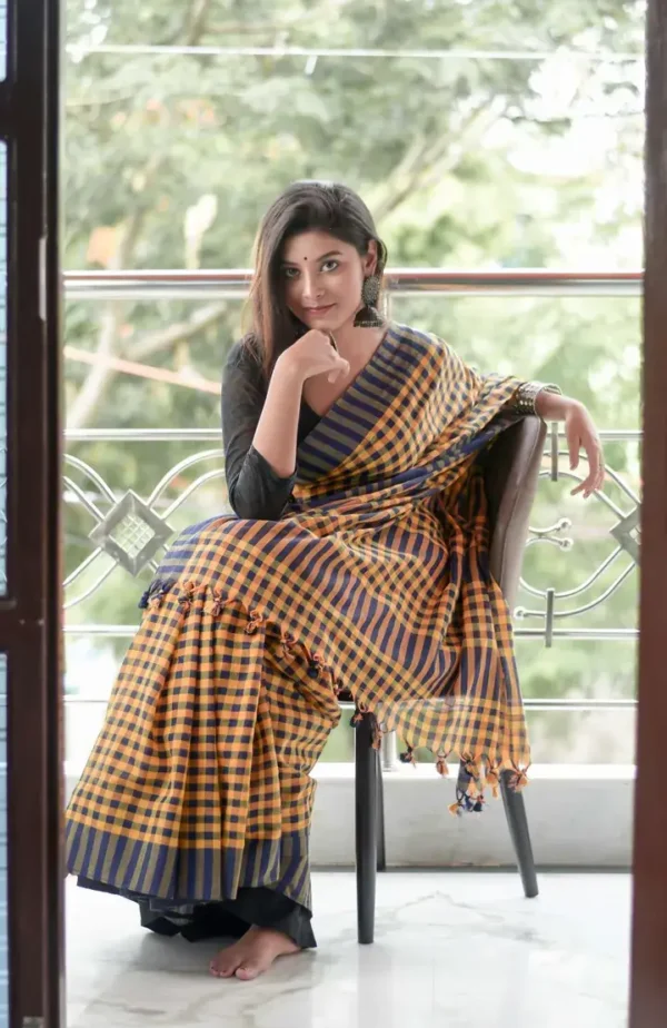 Yellow and Navy Blue checks on Tant Handloom Pure Cotton Gamcha saree