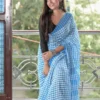 Sky Blue and White checks on Tant Handloom Pure Cotton Gamcha saree