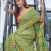 Yellow and Green checks on Tant Handloom Pure Cotton Gamcha Saree