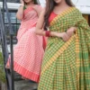 Yellow and Green checks on Tant Handloom Pure Cotton Gamcha Saree