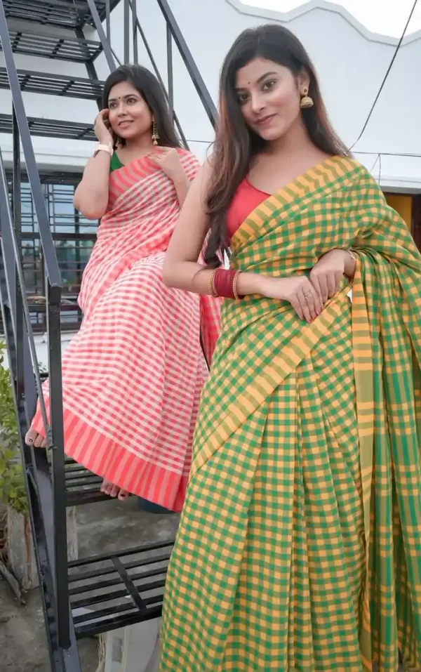 Yellow and Green checks on Tant Handloom Pure Cotton Gamcha Saree