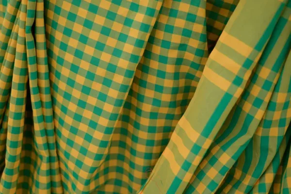 Yellow and Green checks on Tant Handloom Pure Cotton Gamcha Saree