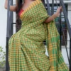 Yellow and Green checks on Tant Handloom Pure Cotton Gamcha Saree