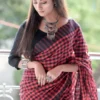 Red and Black checks on Tant Handloom Pure Cotton Gamcha saree