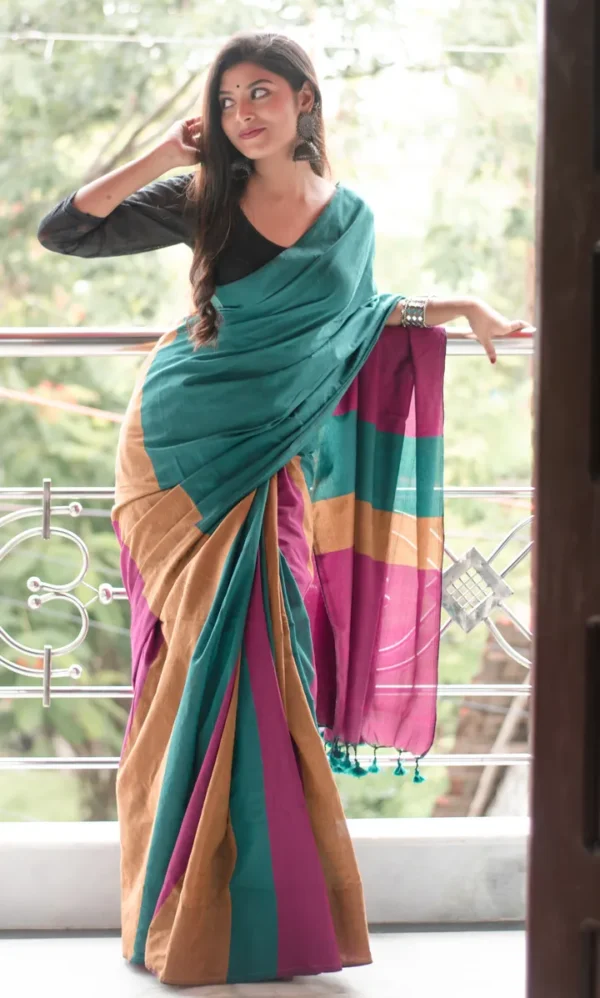Sea Green with pink and yellow handloom Baha on Pure Cotton saree
