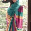 Sea Green with pink and yellow handloom Baha on Pure Cotton saree