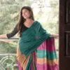 Sea Green with pink and yellow handloom Baha on Pure Cotton saree