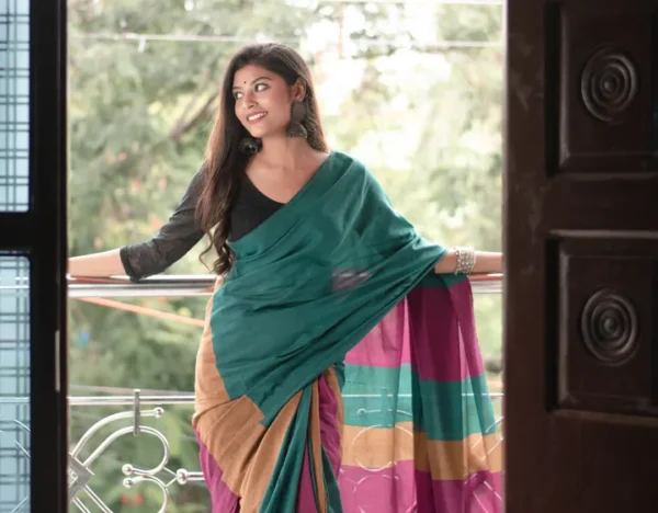 Sea Green with pink and yellow handloom Baha on Pure Cotton saree