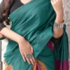 Sea Green with pink and yellow handloom Baha on Pure Cotton saree