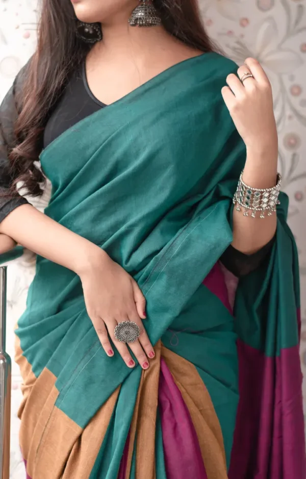 Sea Green with pink and yellow handloom Baha on Pure Cotton saree