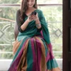Sea Green with pink and yellow handloom Baha on Pure Cotton saree
