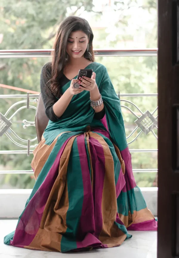 Sea Green with pink and yellow handloom Baha on Pure Cotton saree