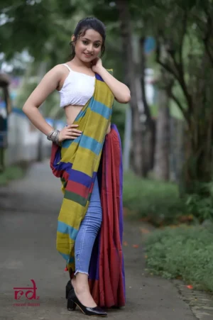 Olive Green with multicolor Baha handloom Pure Cotton saree
