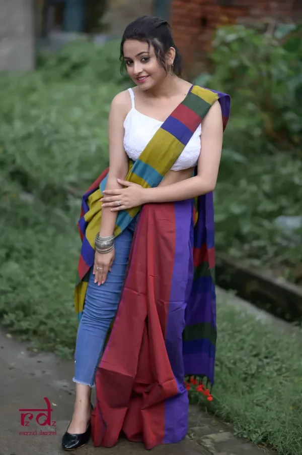 Olive Green with multicolor Baha handloom Pure Cotton saree