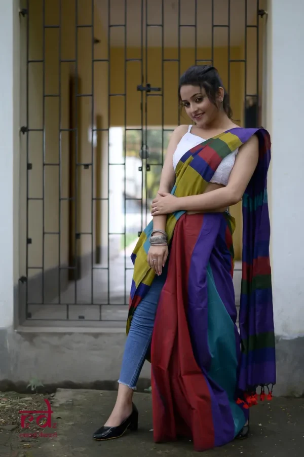 Olive Green with multicolor Baha handloom Pure Cotton saree