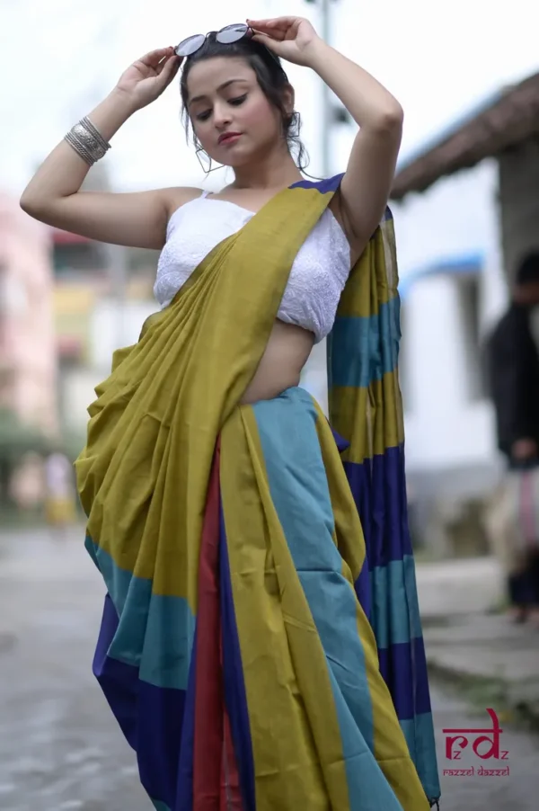 Olive Green and multicolor Baha handloom on Pure Cotton saree
