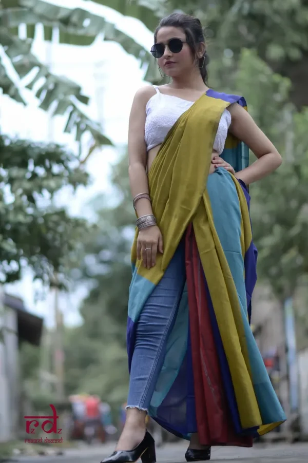 Olive Green and multicolor Baha handloom on Pure Cotton saree
