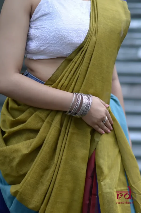 Olive Green and multicolor Baha handloom on Pure Cotton saree