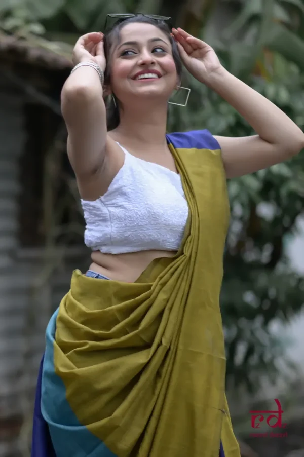 Olive Green and multicolor Baha handloom on Pure Cotton saree