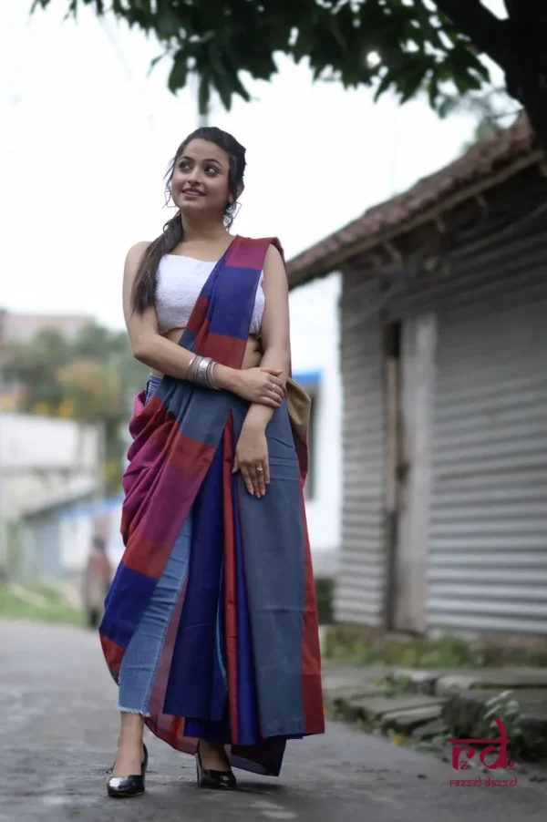 Grey and Blue Baha handloom on Pure Cotton saree