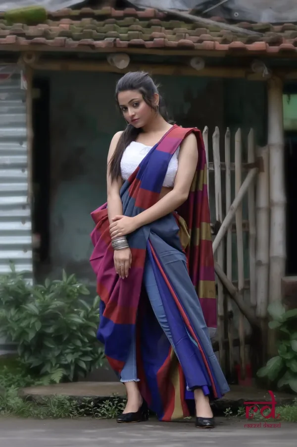 Grey and Blue Baha handloom on Pure Cotton saree