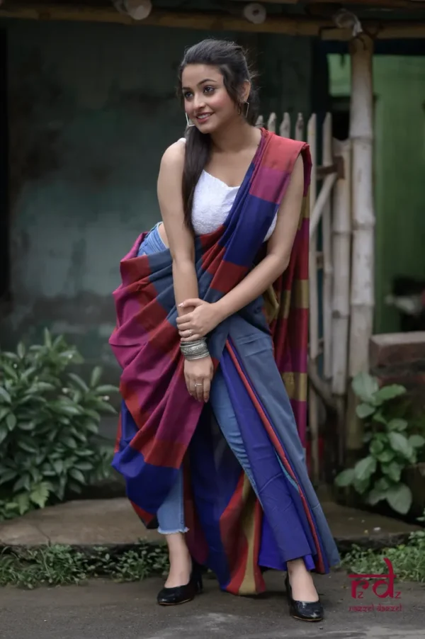 Grey and Blue Baha handloom on Pure Cotton saree