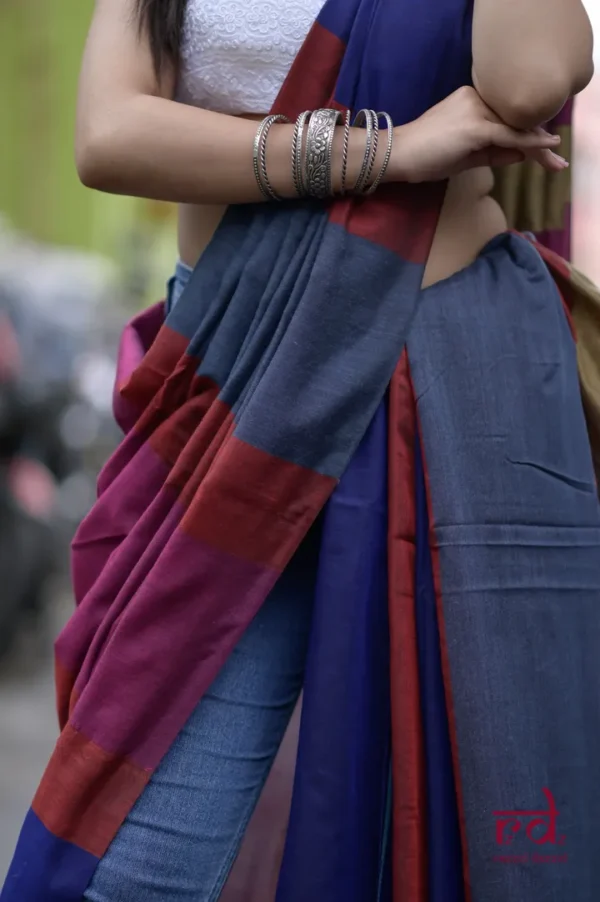 Grey and Blue Baha handloom on Pure Cotton saree