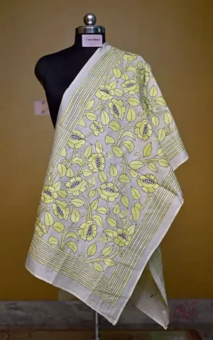 Off White on Yellow Bengal Kantha Embroidery Tussar Silk Handloom stole