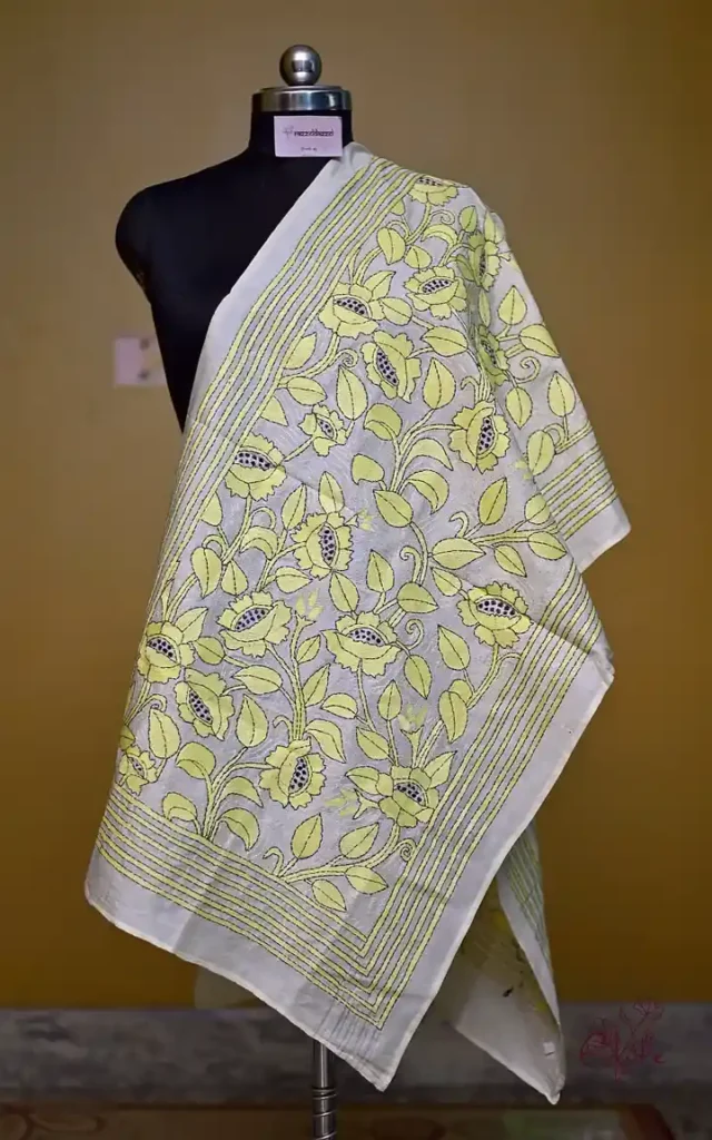 Off White on Yellow Bengal Kantha Embroidery Tussar Silk Handloom stole