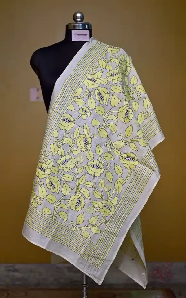 Off White on Yellow Bengal Kantha Embroidery Tussar Silk Handloom stole