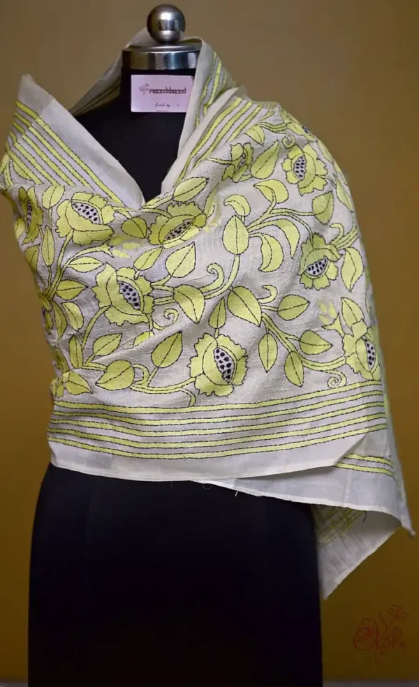 Off White on Yellow Bengal Kantha Embroidery Tussar Silk Handloom stole